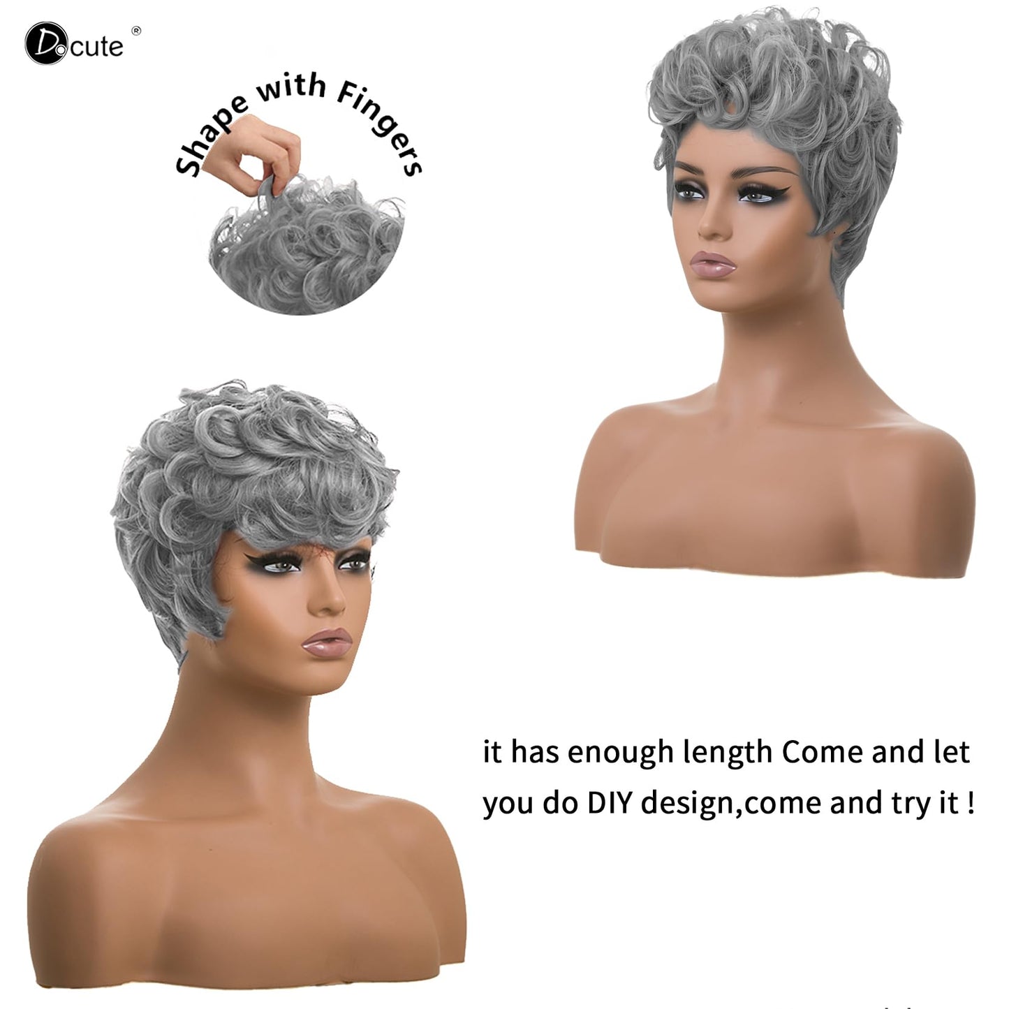 DOcute Gray Wig for Black People Pixie Cut Wig with Bangs Short Pixie, Curly Wig for Black Women, Fluffy Pixie Curly Wig for Women Natural Wavy Short Gray Pixie Cut (Grey)