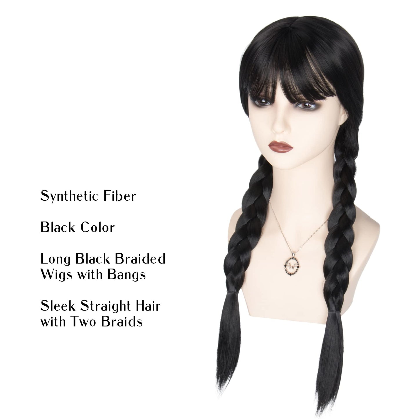 M MISS U HAIR Women Girls Long Black Braids Wig with Bangs Long Straight Pigtails Wig for Adult Costume Halloween Wig
