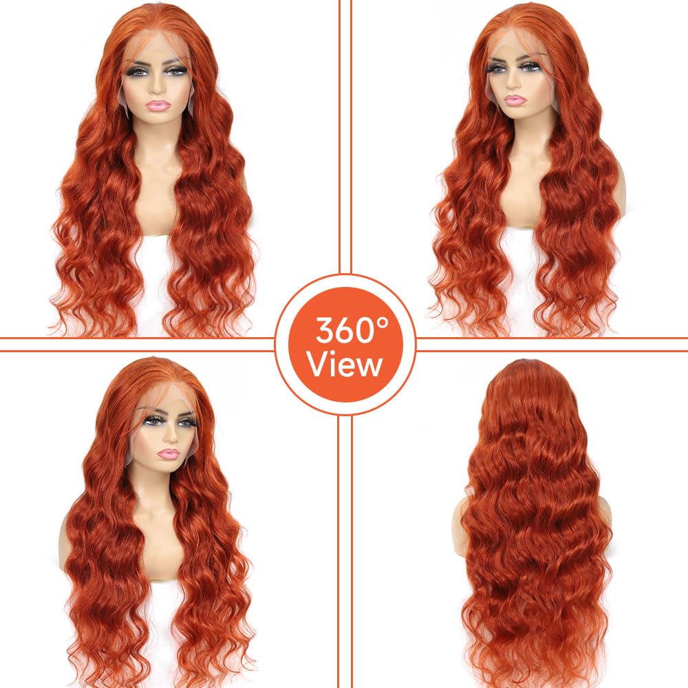 XUBULO 30 Inch Ginger Wig Human Hair Body Wave Pre Plucked 13x4 HD Ginger Lace Front Wigs Human Hair 200% Density Transparent Lace Frontal Colored Glueless Wigs Human Hair