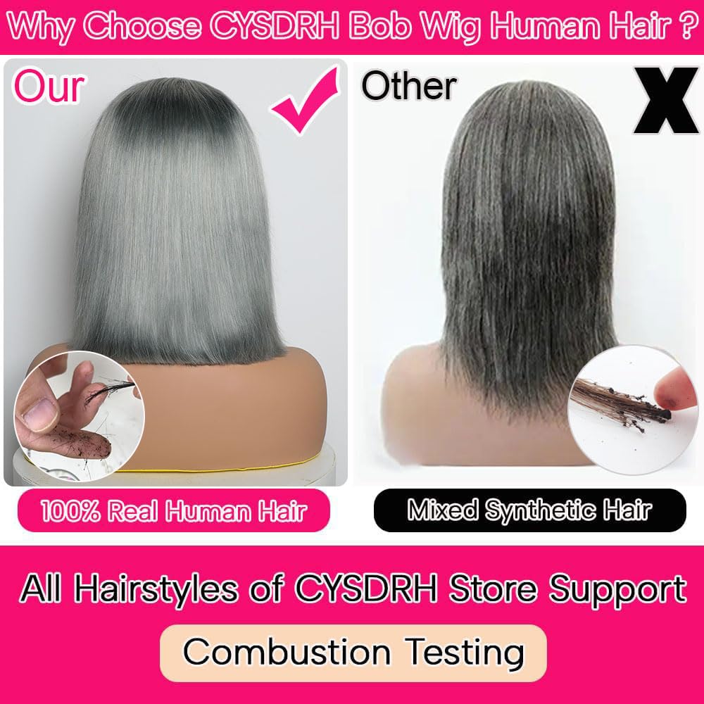 CYSDRH Grey Bob Wig Human Hair Full 13x6 HD Lace Front Wigs 180% Density Short Bob Wigs for Black Women Pre Plucked Pre Cut 12A Unprocessed Brazilian Virgin Human Hair Wigs - 12 Inch Grey Bob Wig