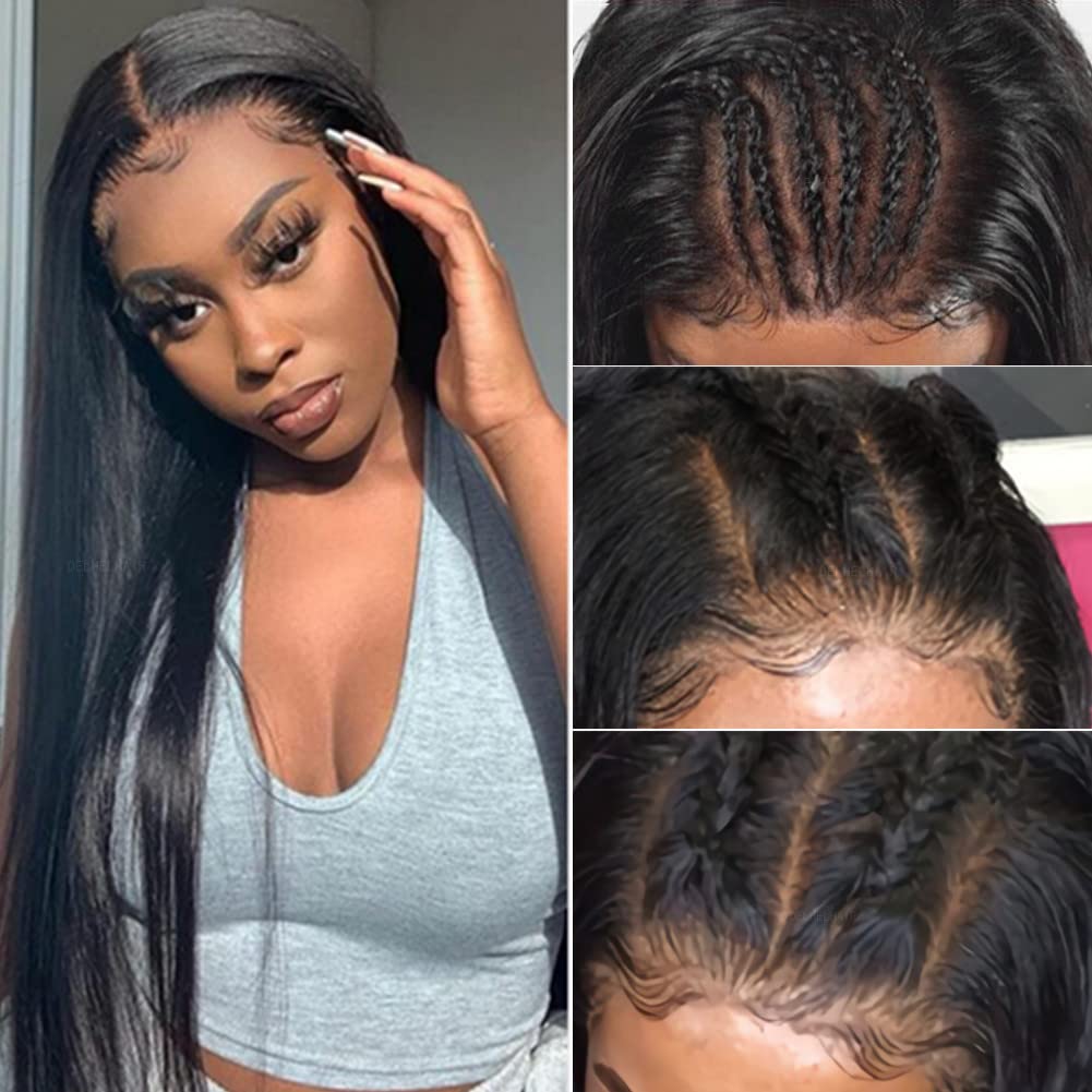 DELHELHAIR Silky Straight Glueless Lace Front Wigs for Black Women Human Hair Unprocessed Brazilian Remy Straight 4x4 Lace Closure Wig Pre-Plucked with Baby Hair (16Inch, Natural Black)