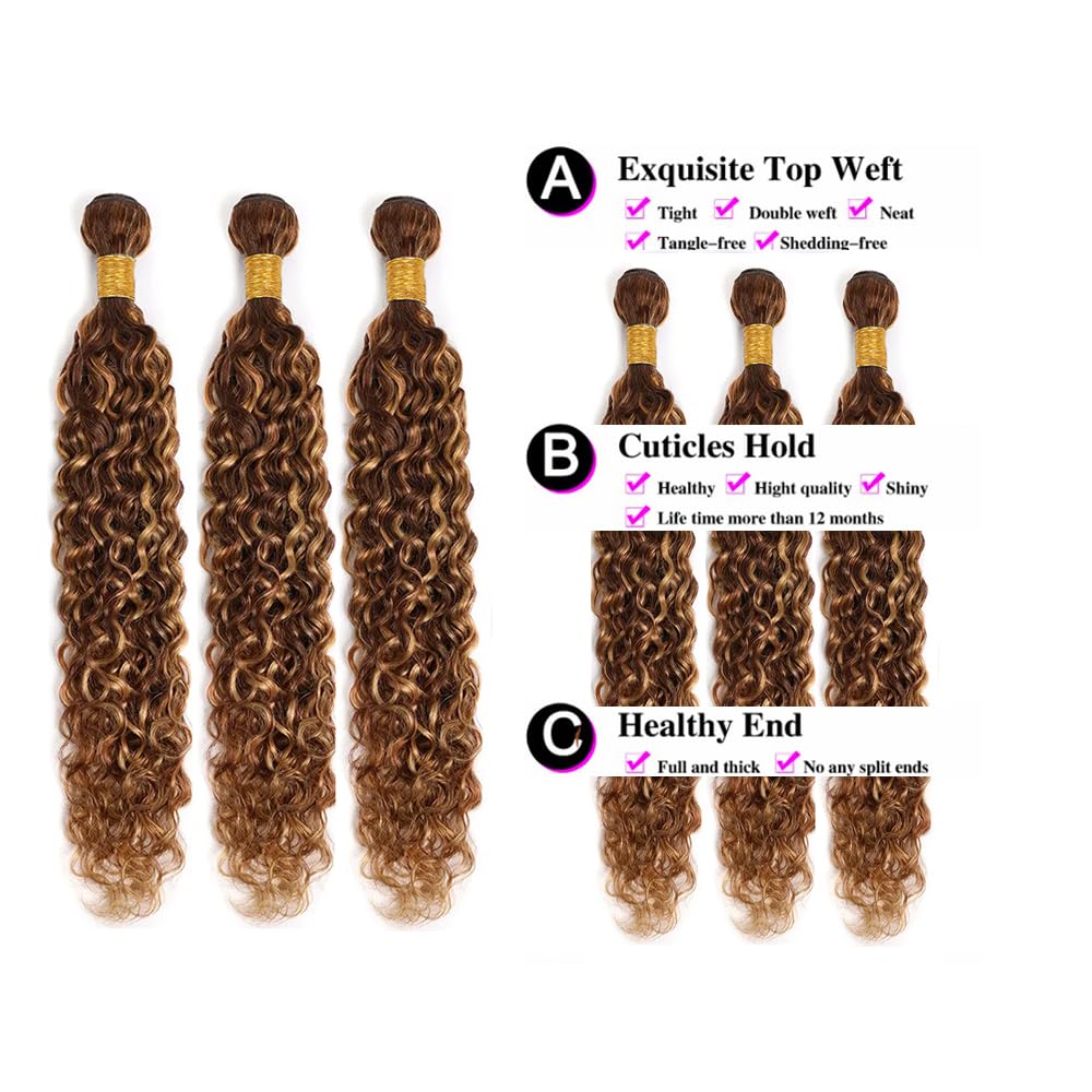 Biliisyff Ombre Brown and Blonde Deep Curly Weave Bundles Human Hair P4/27 Brown Honey Blonde Kinky Curly Bundles Double Weft Wet and Wavy Bundles Silky and Soft for Black Women 20 22 24 Inch