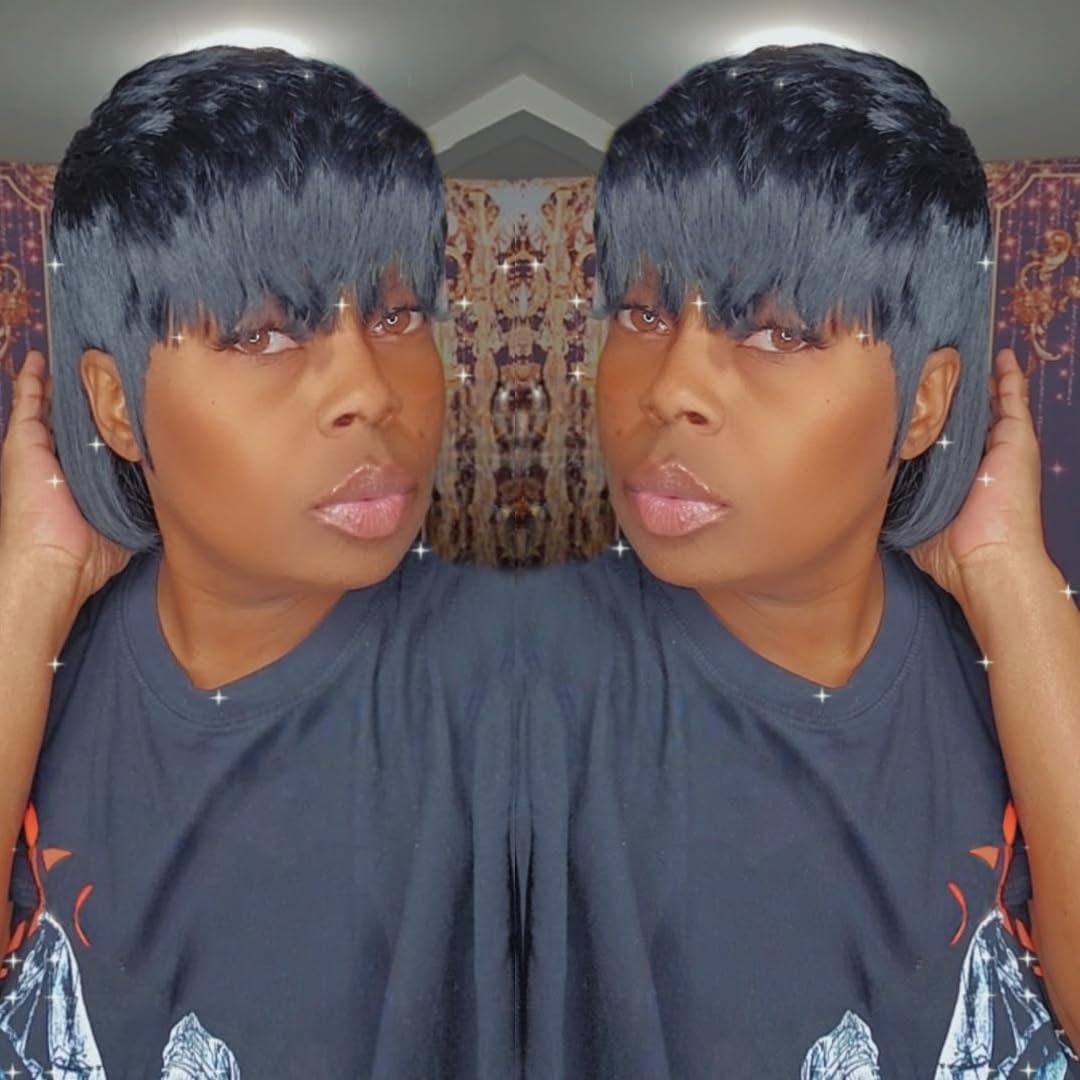QiaQiaRing Mullet Human Hair Wigs for Black Women Mullet Short Layered Pixie Cut Bob Wigs With Bangs 8inch Natural Black Color Chic Elegent Glueless Brazilian Virgin Straight Human Hair