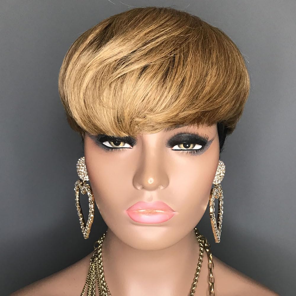 HOTKIS Pixie Cut Wig Human Hair Short Human Hair Wigs for Black Women Blonde 1b/27 Short Wigs Human Hair Short Natural Hair Wigs Pixie Wig with Bang Ombra 27