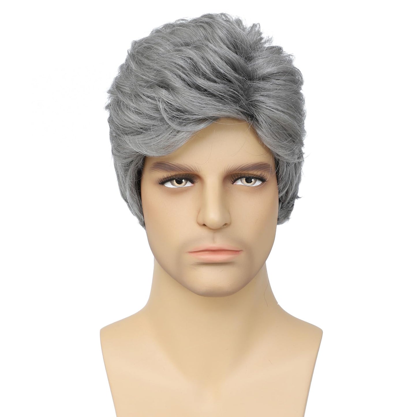 Grey Men's Wig,Short Silver Gray Wig Synthetic Side Part Heat Resistant Natural Halloween Cosplay Hair Straight Wig for Male