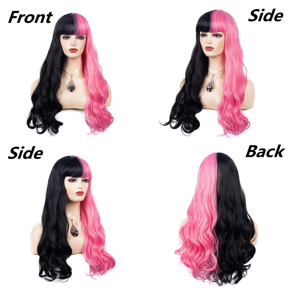 Beweig Half Pink Half Black Wavy Wigs Long Curly Wavy Split Synthetic Wig with Bangs Halloween Cosplay Wigs for Women
