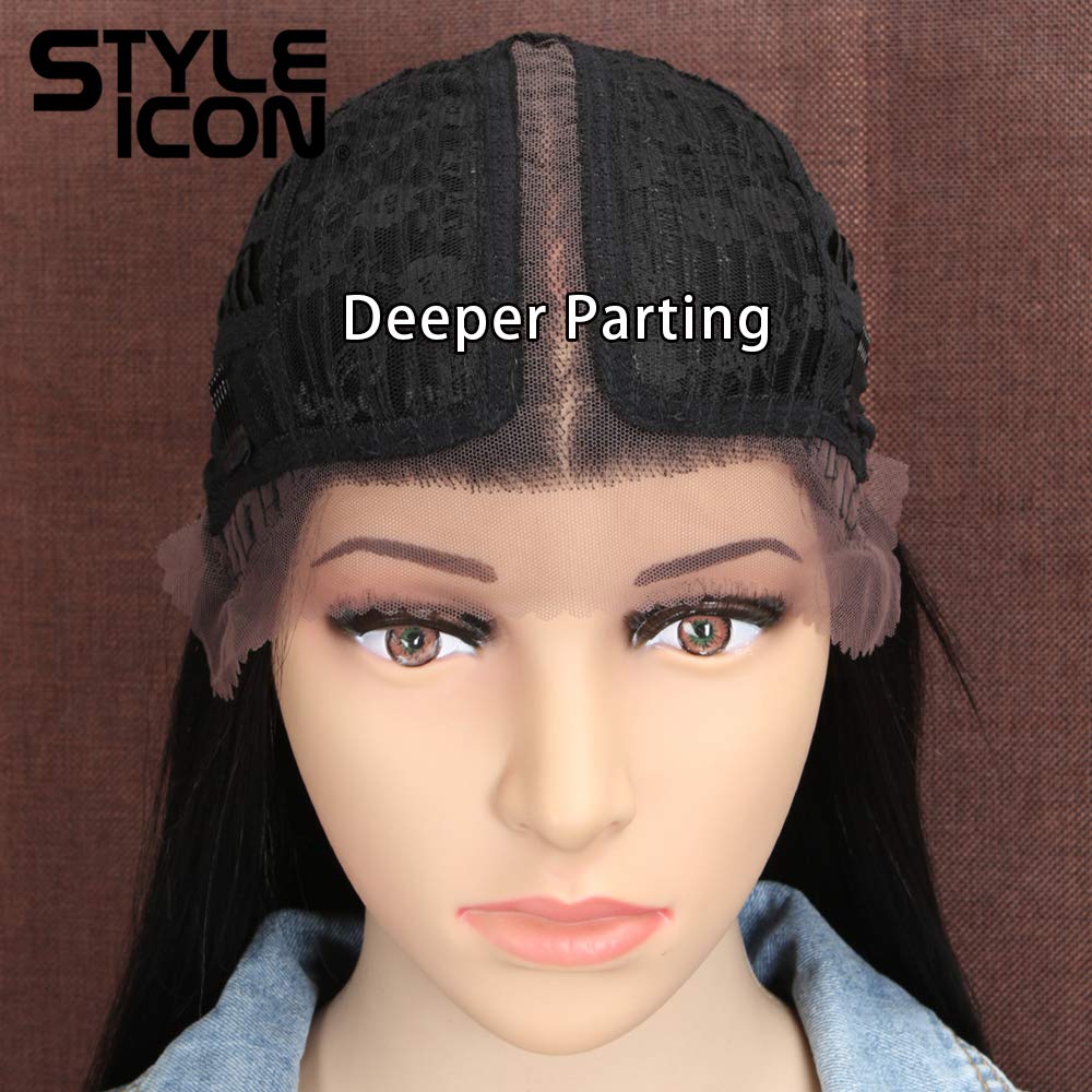 Style Icon 38" Super Long Straight Wigs Lace Front Wigs 6" Deeper Middle Part Wig Black Synthetic Wig (38", 1B)