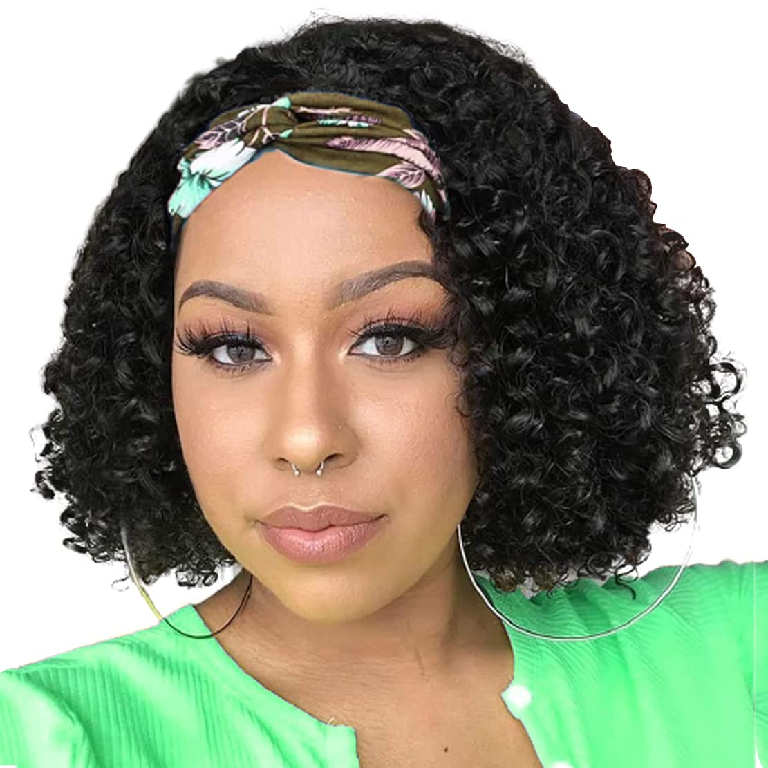 Celiarita Headband Wig Human Hair Deep Wave 10 inch None Lace Front Wig Human Hair Machine Made Wigs Glueless Curly Hair Headband Half Wigs for Black Women Human Hair Natural Color