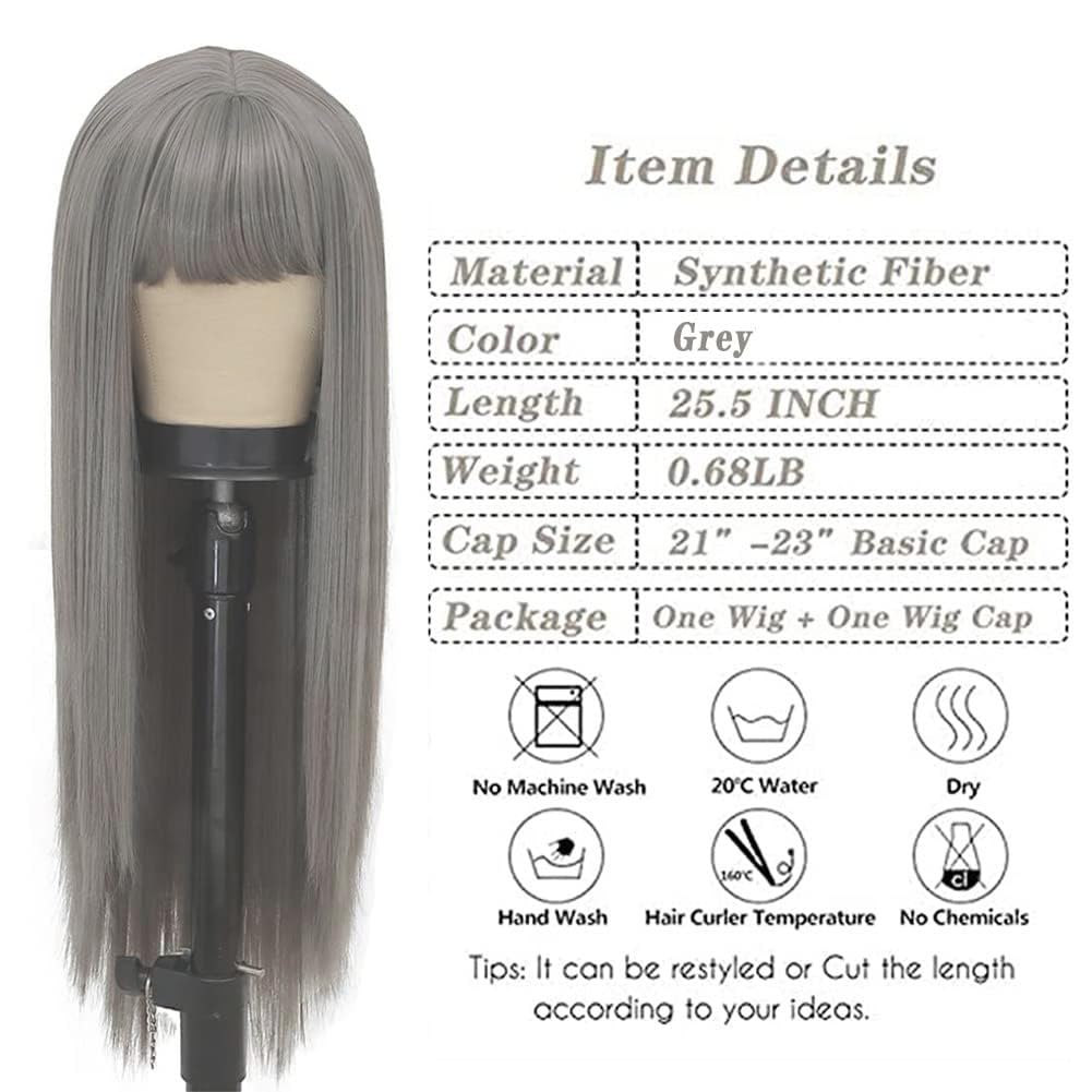 Kaneles Grey Long Wig With Bangs Straight Gray Wig Synthetic Natural Heat Resistant Fiber Hair Daily Cosplay Wig for Women Hair Wig