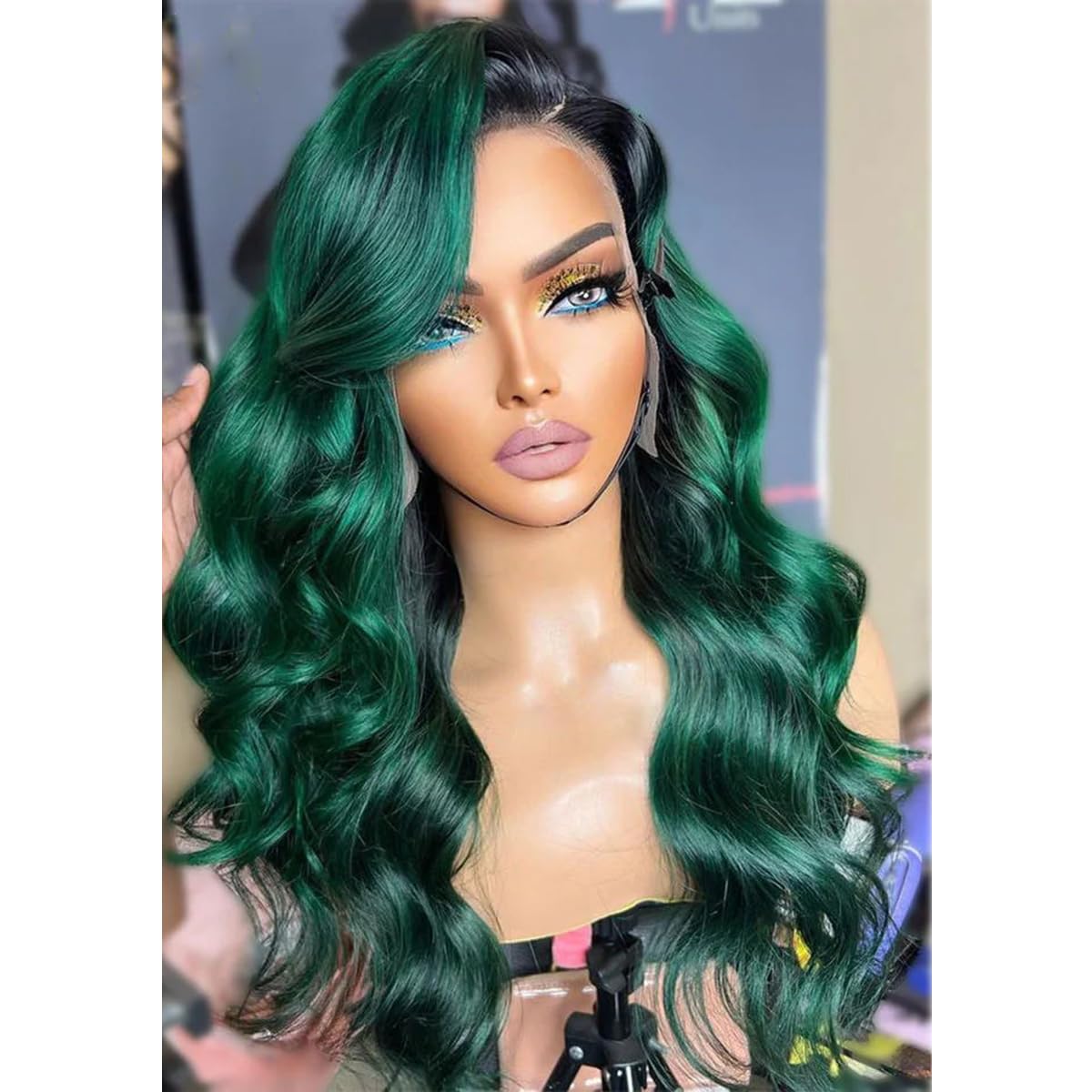 SISIFIRE Lace Front Wigs for Women Green Hair with Black Roots Loose Curly Wave Synthetic Body Wave Heat Resistant Fiber with Baby Hair Pre Plucked for Daily Use