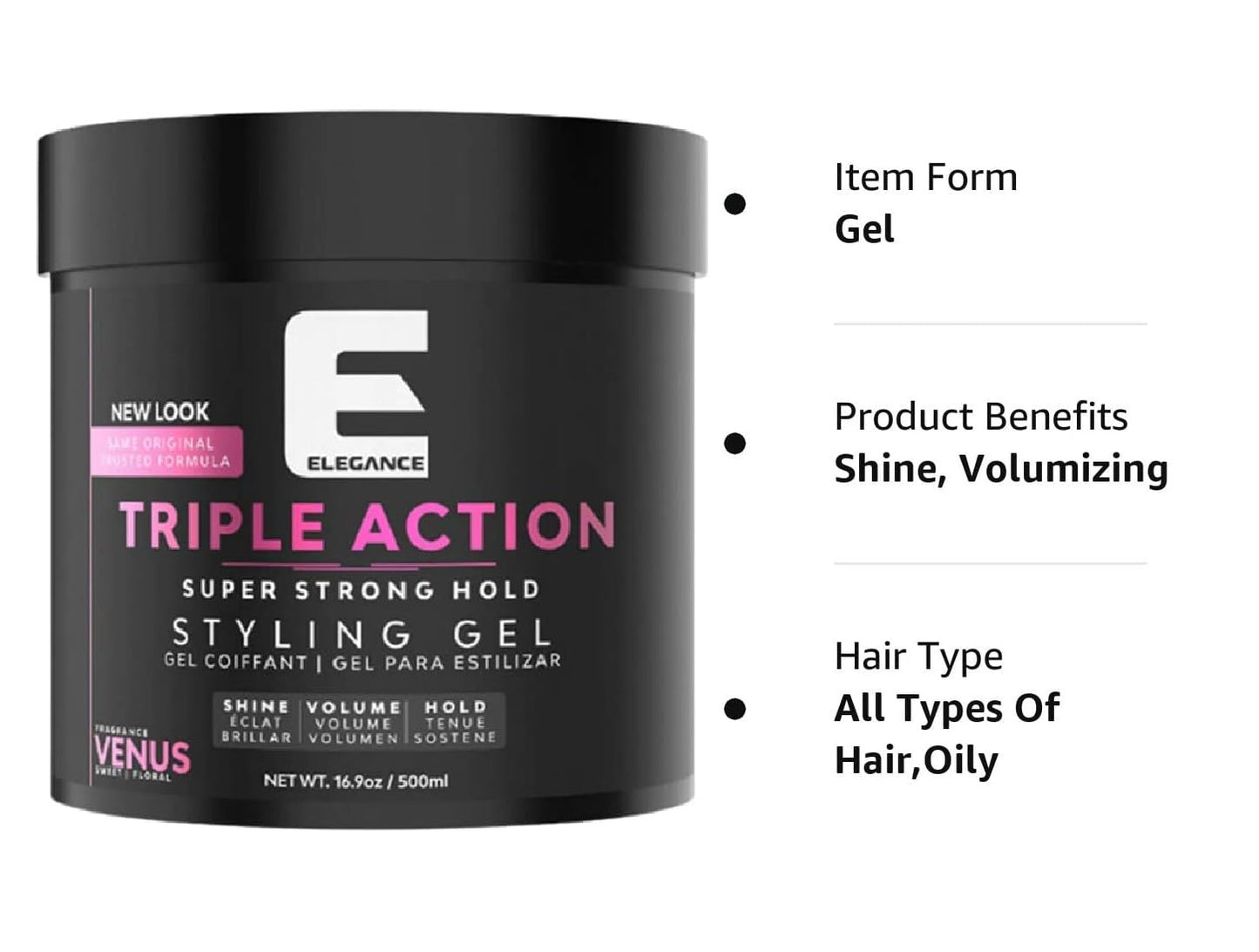 E Elegance Venus Fragrance Triple Action Hair Gel for Men And Women - Super Strong Hold, Extreme Volume, And Long Lasting Shine - Flake Free And Refreshing Fragrance - All Hair Types, 16.9 oz