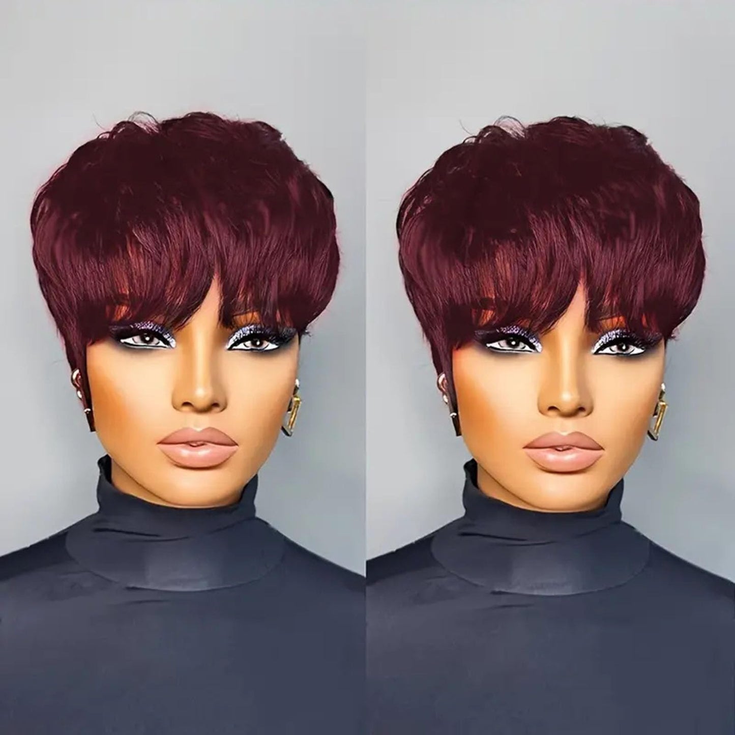 QiaQiaRing 10A Pixie Cut Wigs for Black Women Dark 99J Color Daily Use Color Short Layered Pixie Cut Human Hair Wigs With Bangs Brazilian Virgin Straight Human Hair(dark 99J)