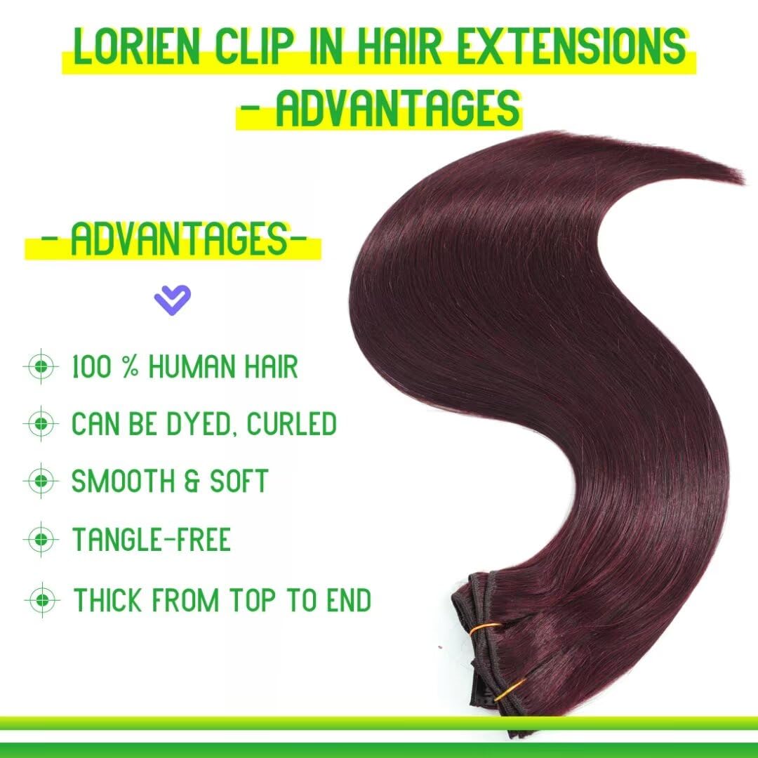 LORIEN Clip in Hair Extensions Real Human Hair, 18 Inch 100g, 99J Burgundy, Clip in 100% Brazilian Remy Human Hair Extensions 8pcs Per Set with 18 Clips Double Weft
