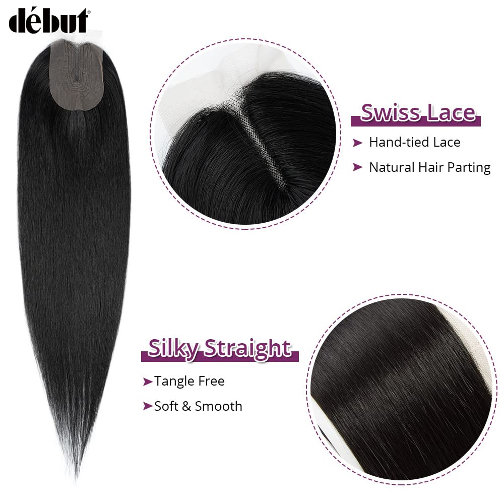 DÉBUT 26 28 30 Inches Silky Straight 6 Bundles with Lace Closure Long Straight Synthetic Hair Bundles Weave Hand-Tied Middle Part Lace Closure for Full Head 1B Color