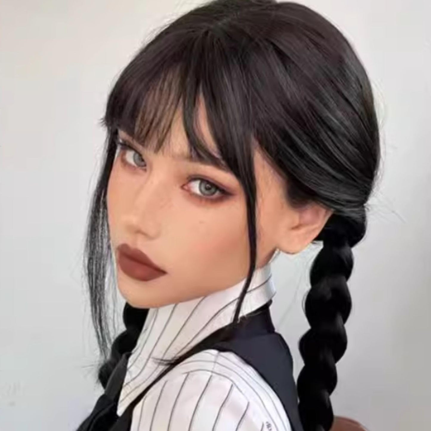 Tatibana Girls Kids Long Straight Black Braided Wig with Bangs Synthetic Wig with Wig Cap Halloween Party Cosplay Wig Suitable for girls and children aged 12 and above