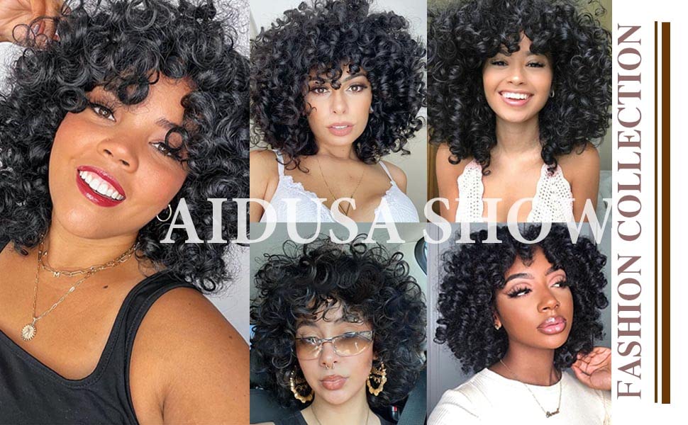 AIDUSA Short Loose Curly Wigs for Black Women Afro Wig for Black Women Curly Wig for Women Synthetic Wigs for Women Fluffy Natural Wigs Half Wigs Soft Hair Black Wigs (#1B Natural Black)