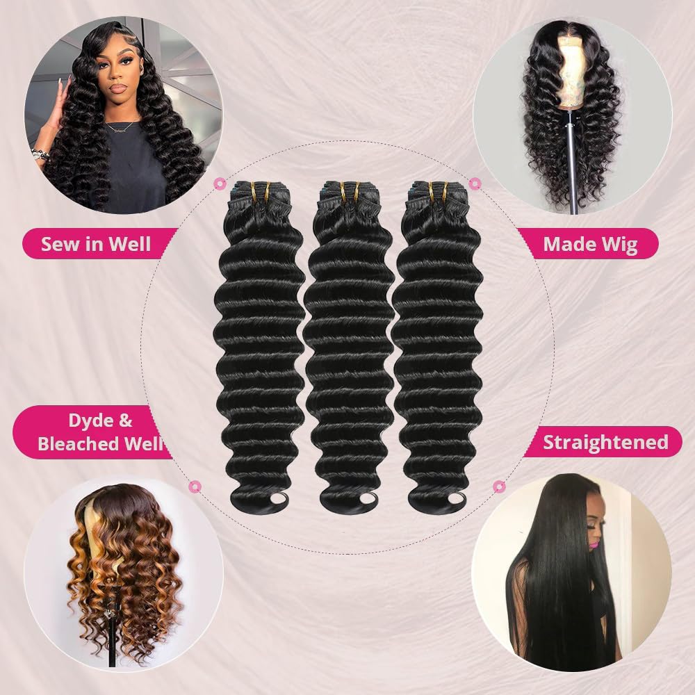 YISEA 16A Loose Deep Wave Bundles Human Hair (24 22 20 inches) Virgin Human Hair Bundles 100% Unprocessed Loose Deep Wavy 3 Bundles Thick Brazilian Remy Hair for Women Natural Color