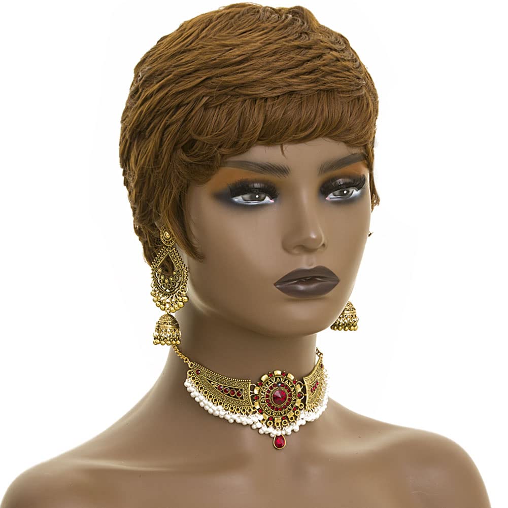 Short Wig for Black Women Dark Brown Pixie Cut Wig for Women Auburn Short Pixie Wigs With Bangs Synthetic Hair Pixie Wigs for Black Women Short Wigs (Dark Brown)