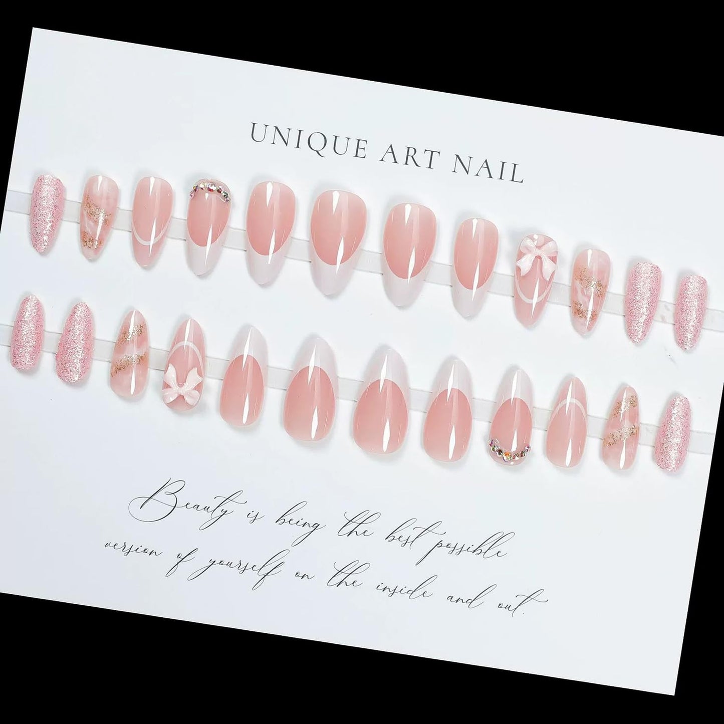 Almond Press on Nails Short White French Tip Press on Fake Nails with 3D Bow Charms Rhinestone Glitter Pink Acrylic Full Cover Gel False Nail Kit Almond Shape Glue on Stick on Nails for Women 24PCS