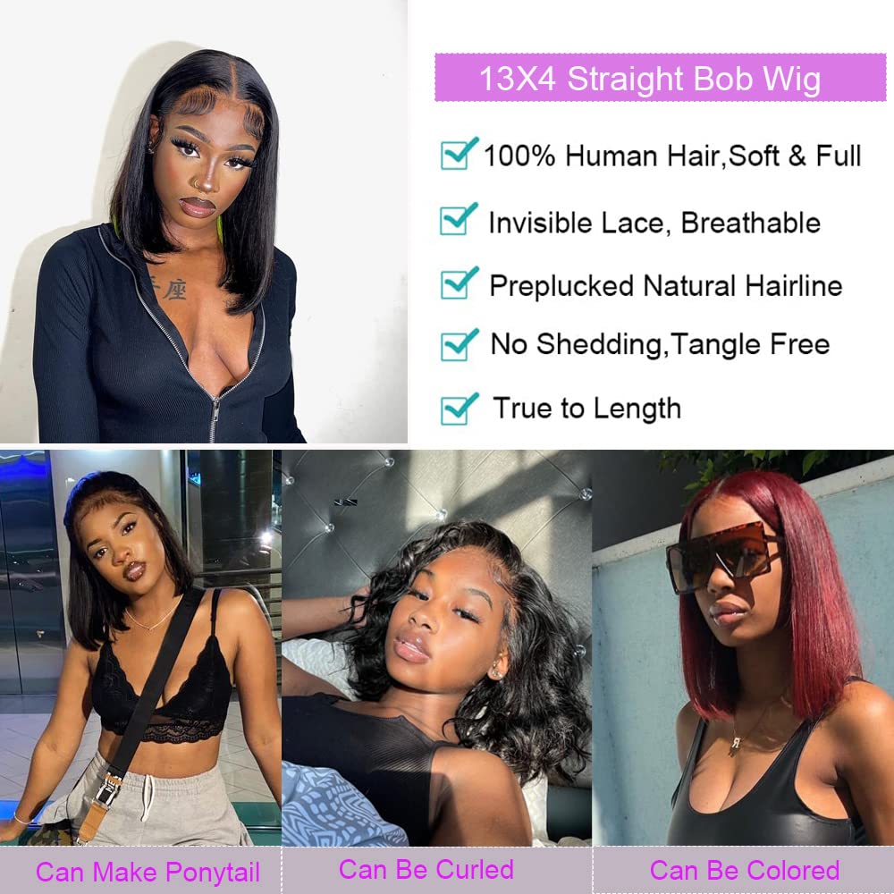 Karlami Bob Wig Human Hair 13X4 Frontal Lace Wig Glueless Wigs Human Hair Pre Plucked Transparent Bob Lace Front Wigs for Women 150 Density (Black, 14 Inch)