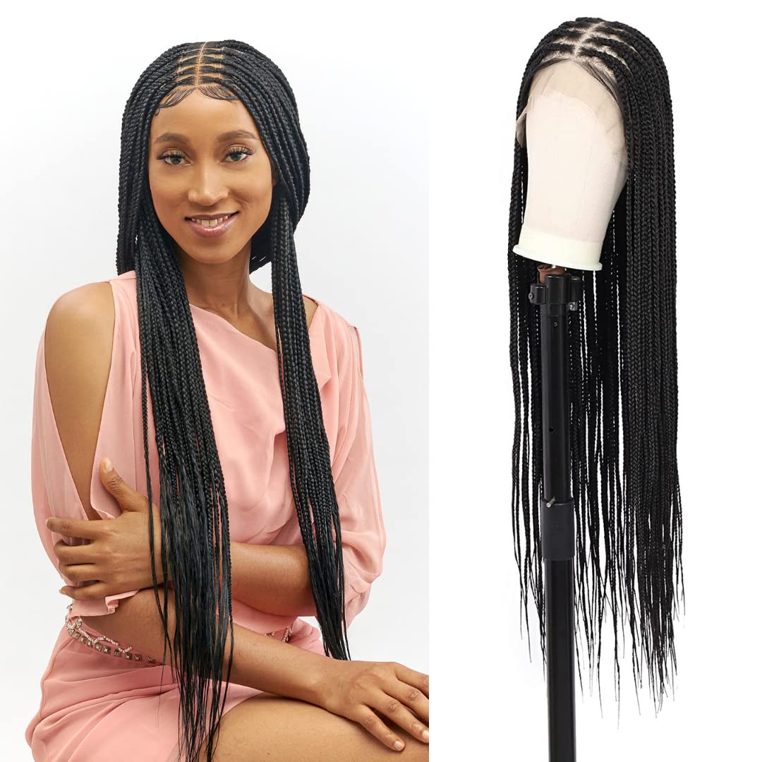 Wow Braids Box Braid Wig - Knotless Braided Wigs for Black women, with 360 glueless Full Swiss Lace Cap, & Human Baby Hair Frontal, Synthetic Long Neat African Handmade Braiding - 36 inch/Black