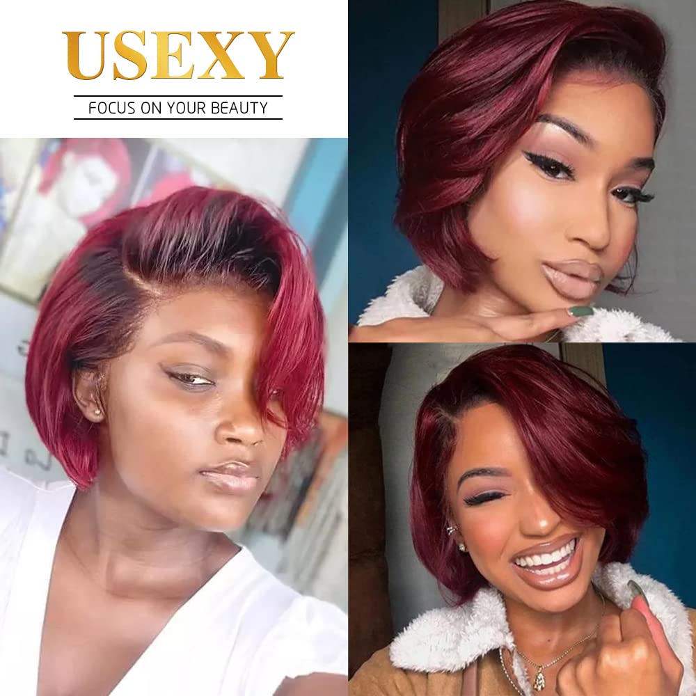 Usexy 1B99J Color Pixie Cut Lace Front Wigs Human Hair Pixie Wigs For Black Women Short Curly Bob Lace Front Wigs 13x4x1 Pixie Cut Lace Front Wigs Human Hair 150% Density Pre Plucked With Baby Hair