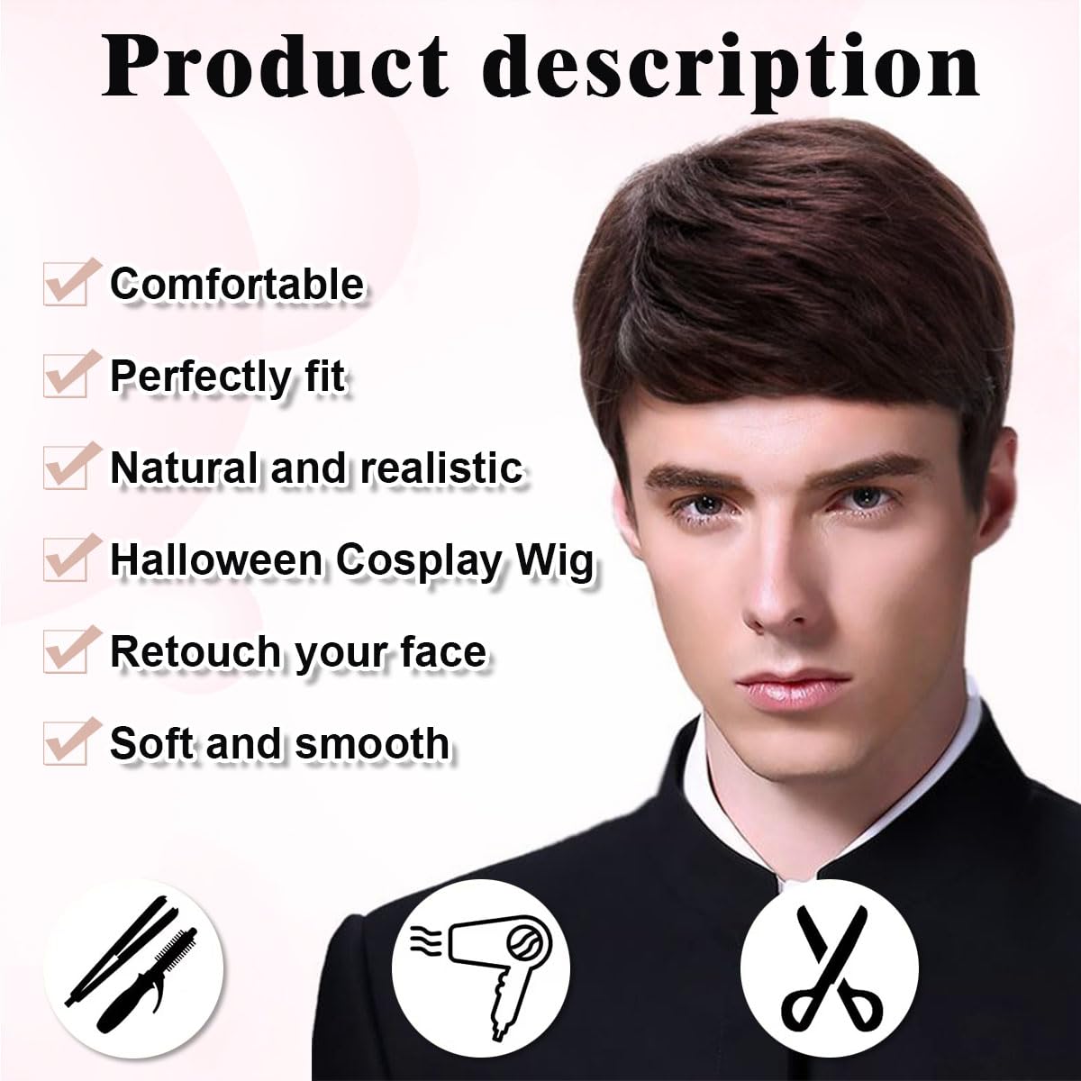TOPHR Short Mens Wig Reddish Brown 6 Inch Heat Resistant Synthetic Straight Men Wigs for Daily Costumes or Halloween Wear