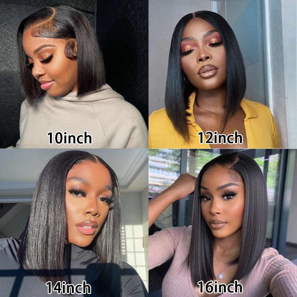 Karlami Bob Wig Human Hair 13X4 Frontal Lace Wig Glueless Wigs Human Hair Pre Plucked Transparent Bob Lace Front Wigs for Women 150 Density (Black, 14 Inch)