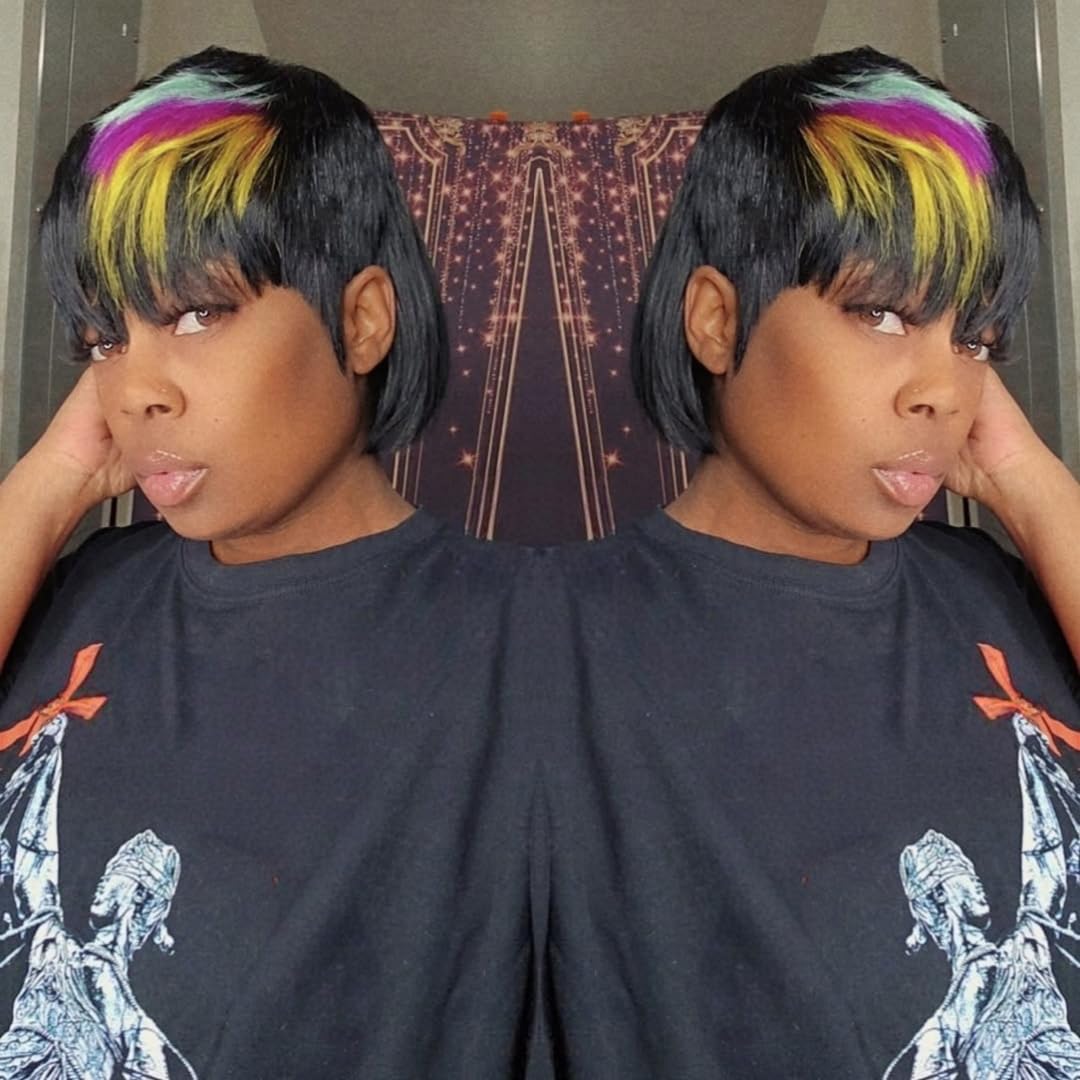 QiaQiaRing Mullet Wigs for Black Women Chic Elegent Mullet Pixie Cut Wigs for Daily Use Short Layered Pixie Bob Human Hair With Bangs Brazilian Virgin Straight Bob Human Hair (1b/purple/blue)