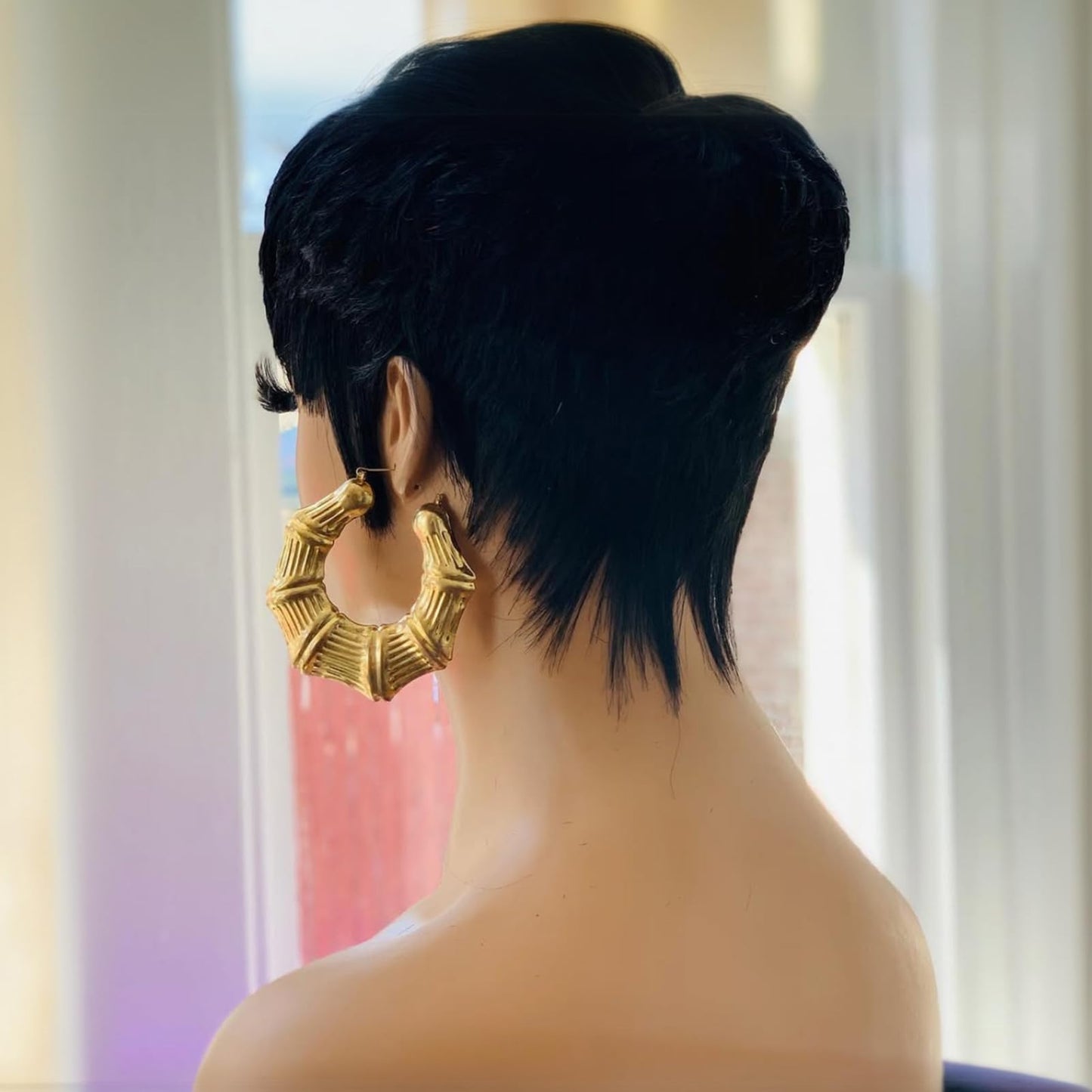 QiaQiaRing Pixie Cut Wigs for Black Women 1b/Blue for Summer Daily Use Color Short Layered Pixie Cut Human Hair Wigs With Bangs Glueless Full Machine Made Brazilian Virgin Straight Human Hair