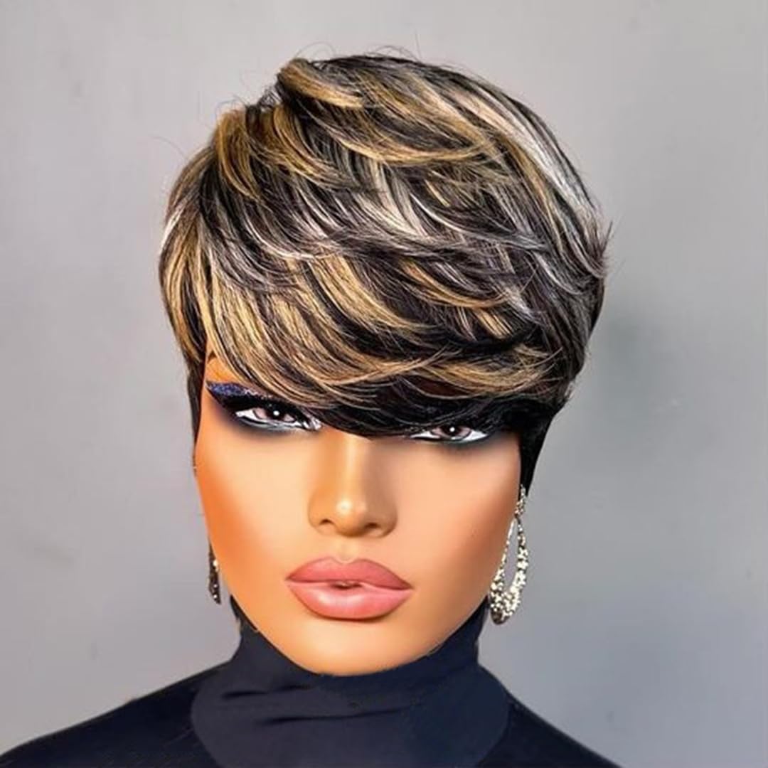 PurpleSexy Pixie Cut Wigs for Black Women Human Hair 1b/30/613 blonde Color Short Layered Pixie Cut Wig With Bangs for Women Daily Use Hair Glueless Full Machine Made Wig(1b/30/613)