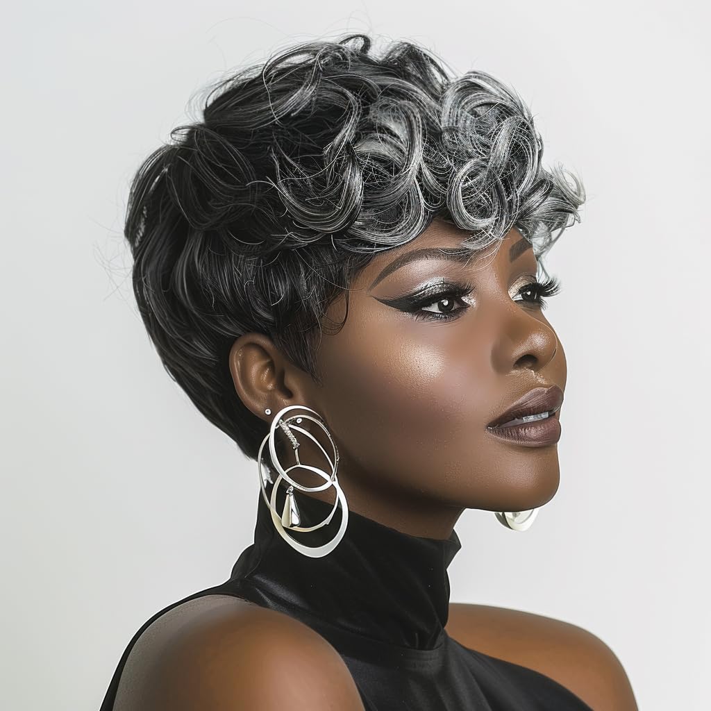 BOBCOO Pixie Cut Wig Short Wigs for Black Women Short Pixie cut Wigs for Black Women (Black & Grey)