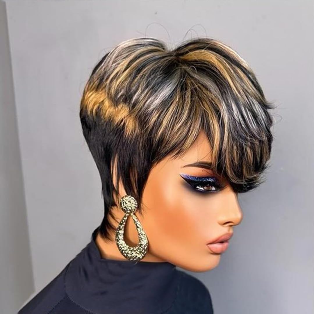 PurpleSexy Pixie Cut Wigs for Black Women Human Hair 1b/30/613 blonde Color Short Layered Pixie Cut Wig With Bangs for Women Daily Use Hair Glueless Full Machine Made Wig(1b/30/613)
