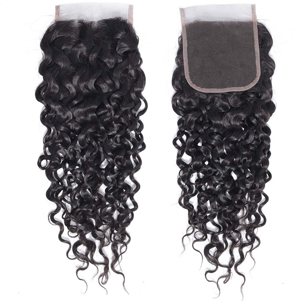 QTHAIR 14A Water Wave Transparent HD Lace Closure 4x4 Lace Closure Free Part Closure Water Wave Human Hair Closure 14" #1b 150% Density Unprocessed Wet and Wavy Virgin Human Hair Lace Frontal Closure