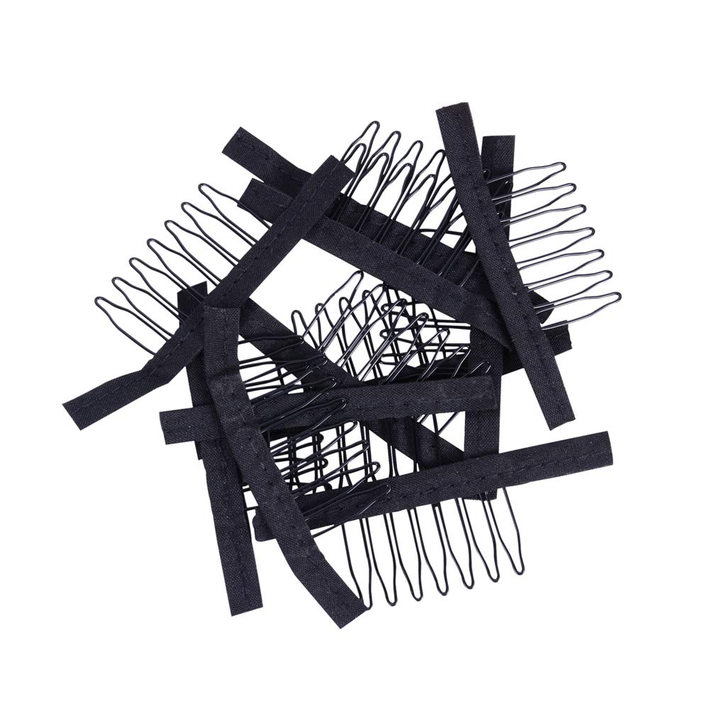 24 pcs/lot Wig Combs for Making Wig Caps 7-teeth Wig Clips Steel Teeth with Cloth Wig Combs for Hairpiece Caps Wig Accessories Tools Wig Clips for Wig (Black)