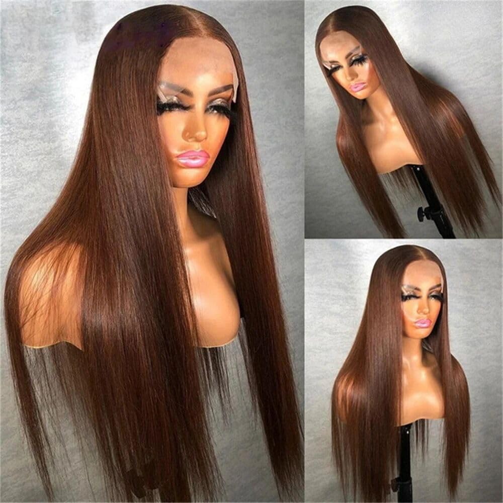 VIPPRETTY 28 Inch Chocolate Brown Lace Front Wigs Synthetic Hair Pre Plucked 13x6 Straight Lace Front Wigs Synthetic Hair 180% Density Colored #4 Light Brown Glueless Wig