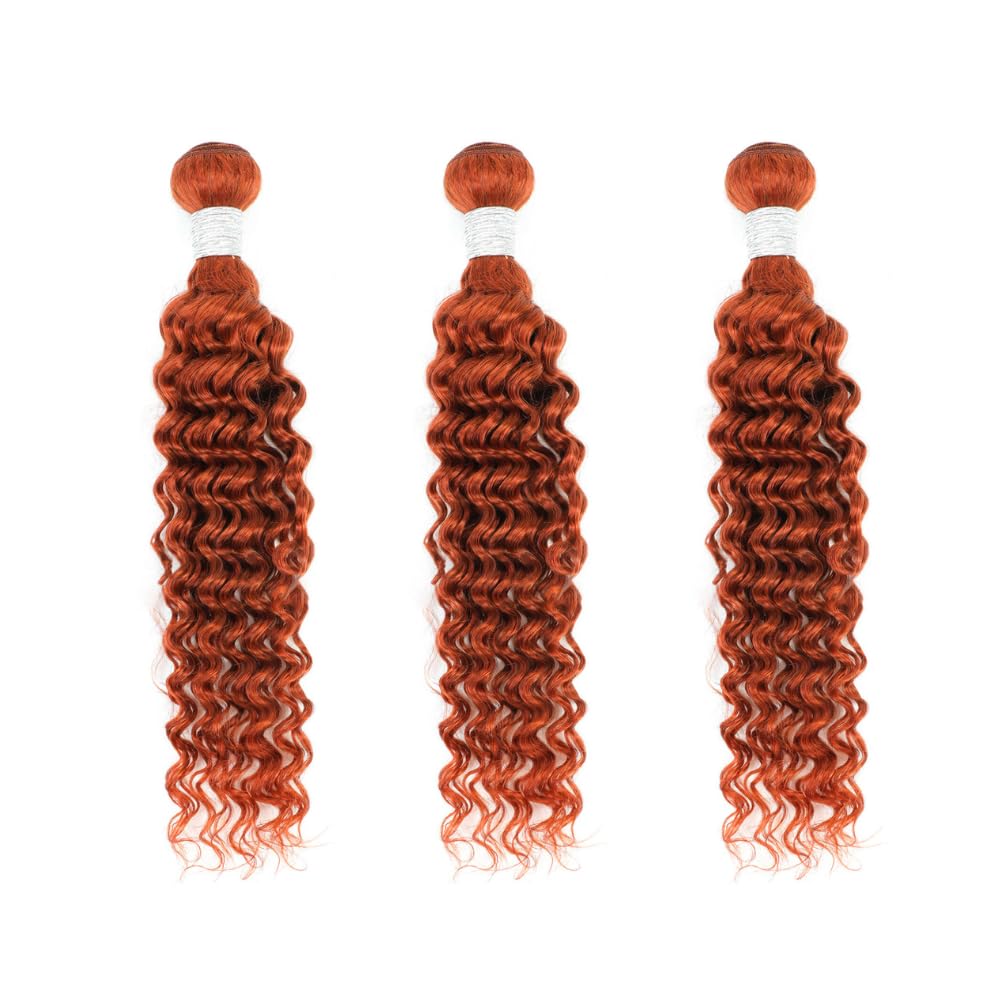 AUROO Ginger Bundles Human Hair Deep Wave Burnt Orange 350 Human Hair Bundles Curly Ginger Hair Unprocessed 10A Virgin Remy Weave Bundles Human Hair Sew In Soft Thick Single Bundles Human Hair 16 Inch