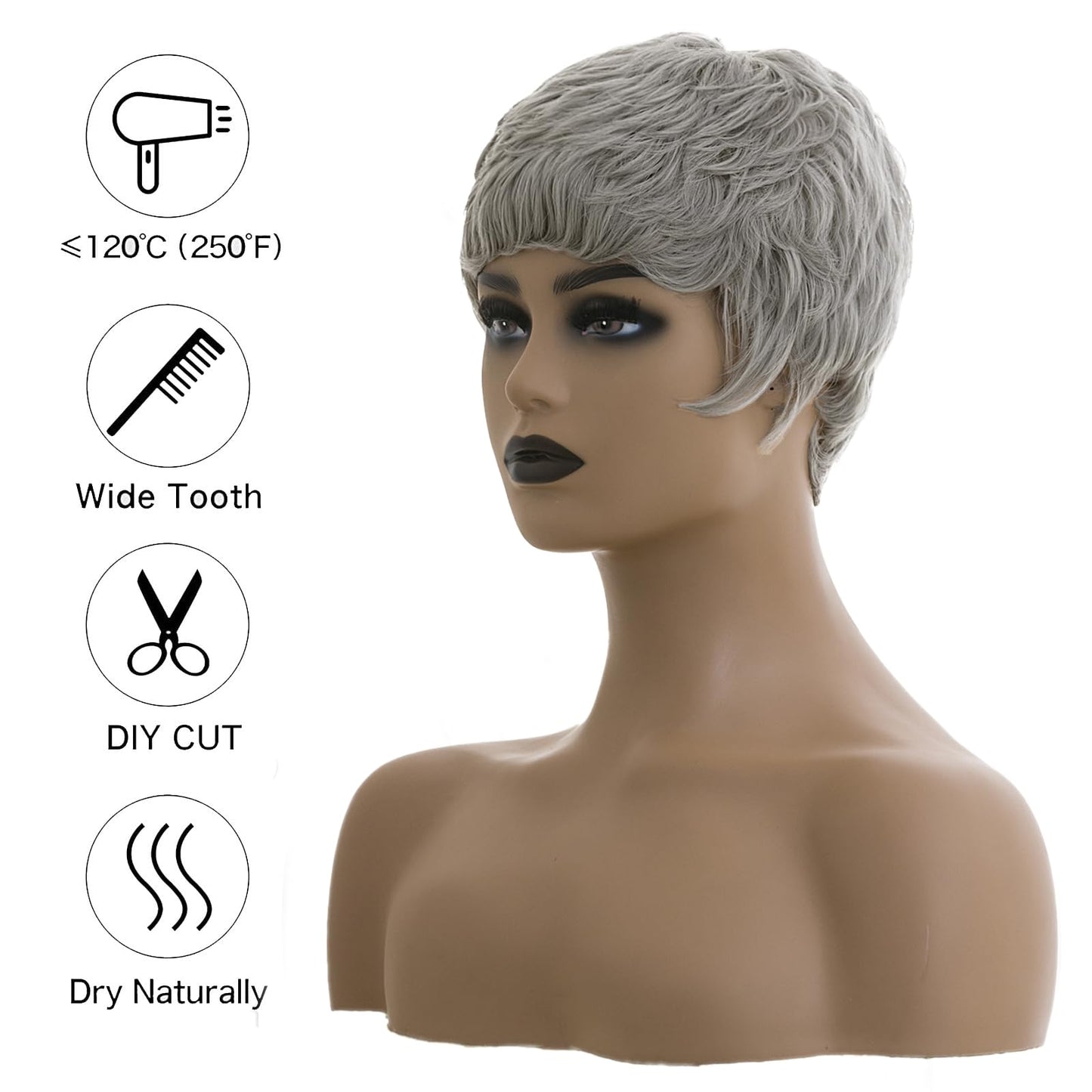BOBCOO Short Grey Pixie Cut Wig for Black Women, Synthetic Layered Wavy Bob Hairpiece with Bangs, Light Grey Short Pixie Style (Layered)