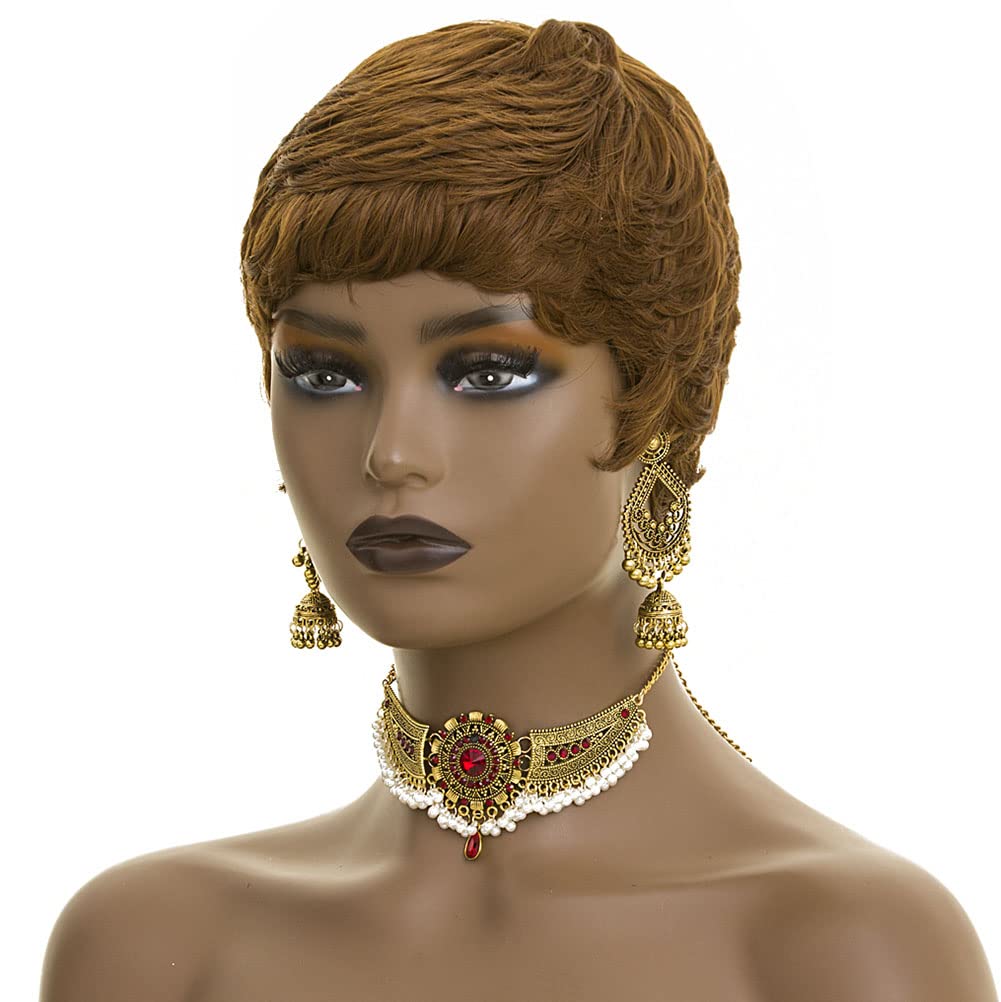 Short Wig for Black Women Dark Brown Pixie Cut Wig for Women Auburn Short Pixie Wigs With Bangs Synthetic Hair Pixie Wigs for Black Women Short Wigs (Dark Brown)