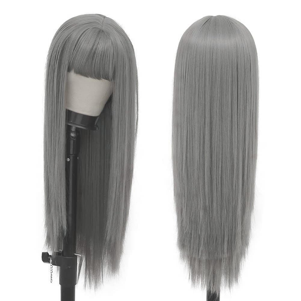 Kaneles Grey Long Wig With Bangs Straight Gray Wig Synthetic Natural Heat Resistant Fiber Hair Daily Cosplay Wig for Women Hair Wig