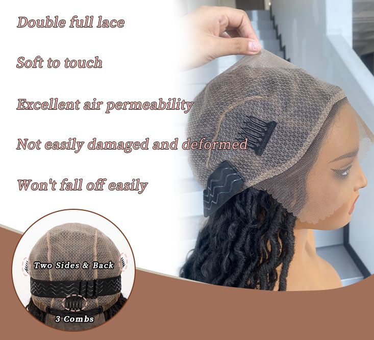 AISI HAIR Full Lace Faux Locs Braided Wigs for Black Women, Faux Locs Burgundy Red Wig Crochet Hair Braid Wig with Baby Hair Hippie Locs Twist Synthetic Wig with Curly Ends 26”