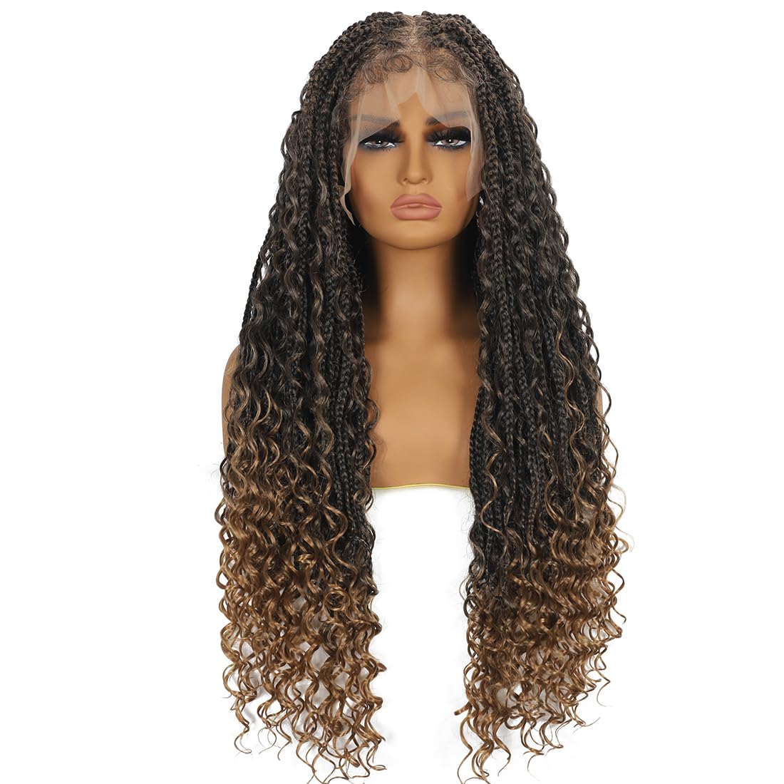 28 Inch Half Lace Front Braided Wigs for Black Women Knotless Braids Wigs Bohemian Boho Braids Goddess Box Braided Wig with Baby Hair (T27, 28 inch)