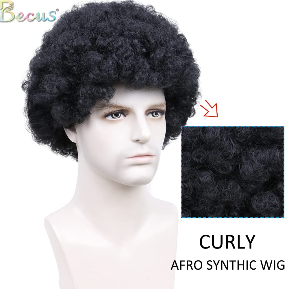 BECUS Afro Wigs for Black Men Short Afro Wigs Men 70's 80's Disco Funny Cosplay Afro Wig African American Full Synthetic Wig (Natural Black #1B)
