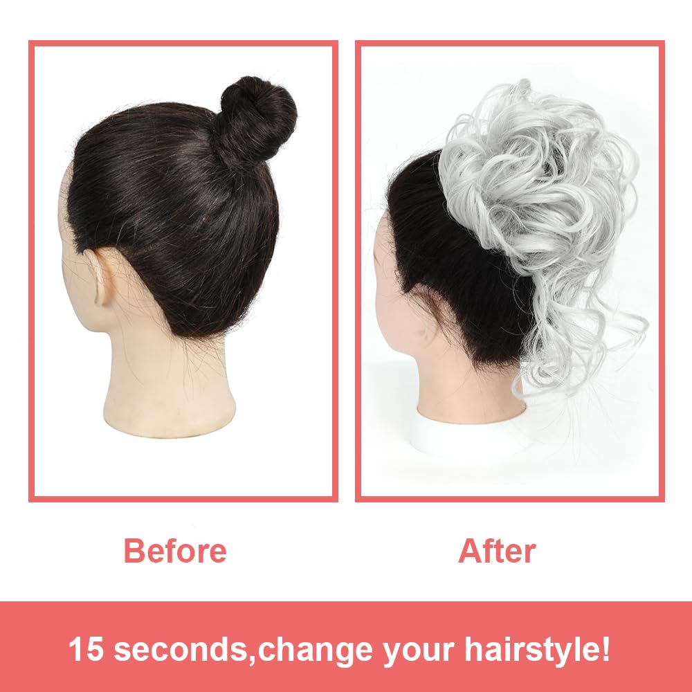 KETHBE Messy Bun Hair Piece Tousled Updo Hair Buns Extension Elastic Hair Band Hair Pieces Curly Hair Bun Scrunchie For Women (Silver Gray)