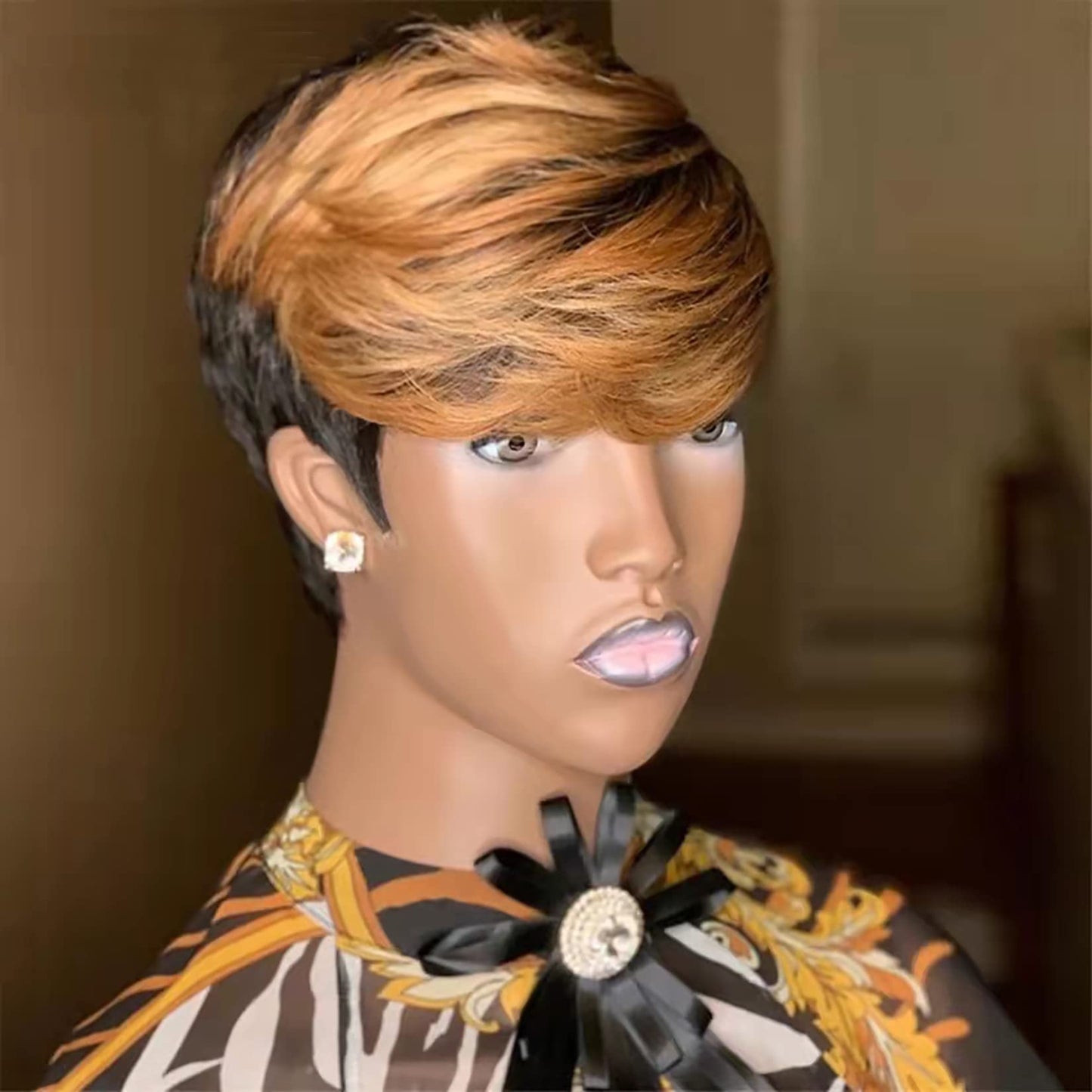 QiaQiaRing Pixie Cut Wigs For Black Women 1b/30 Color Brazilian Virgin Remy Human Hair Short Layered Pixie Human Hair Wigs with Bangs Glueless Wear and go Lightwight for Daily Use (1b/33)