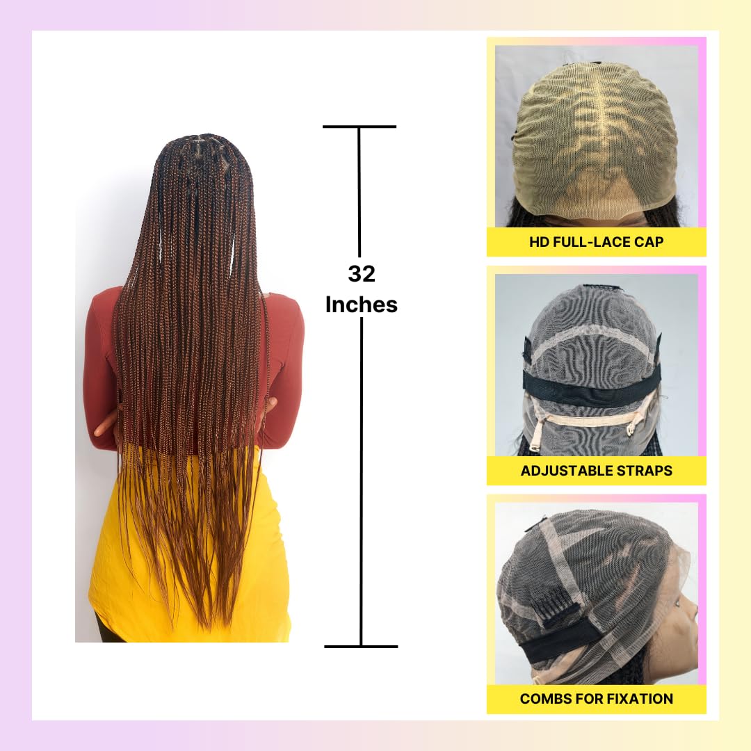 Wow Braids Box Braid Wig - Knotless Braided Wigs for Black women, with 360 glueless Full Swiss Lace Cap, & Human Baby Hair Frontal, Synthetic Long Neat African Handmade Braiding - 36 inch/Brown