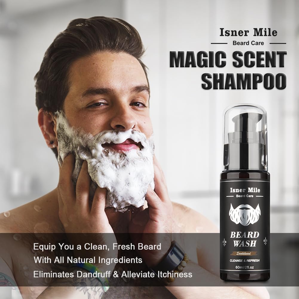 Isner Mile Beard Kit for Men, Grooming & Trimming Set with Beard Shampoo Wash, Beard Oil, Balm, Brush, Comb, Scissors & Storage Bag, Birthday Gifts Valentines Day Gifts for Him Dad Men Boyfriend