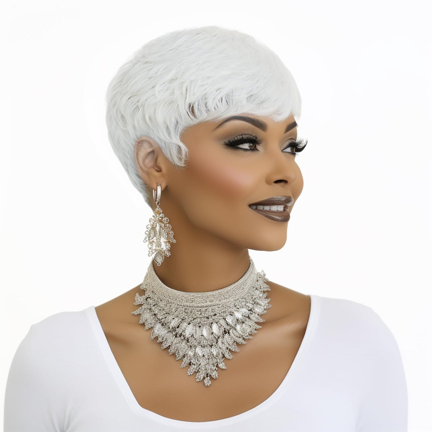 BOBCOO White Short Pixie Wigs for Black Women,Natural Wavy Synthetic Hair with Lightweight Cap, Soft Textured Short Bob Cut Wig(White)