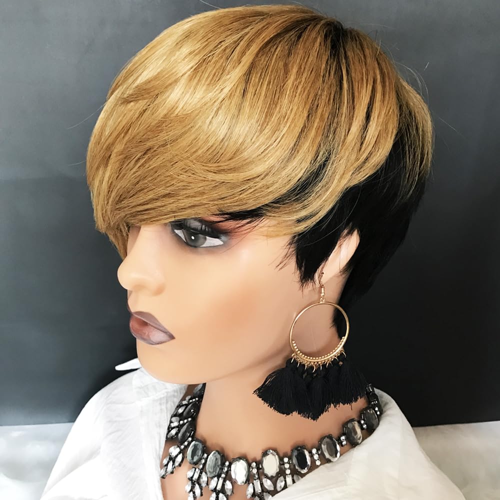 HOTKIS Short Human Hair Wigs for Black Women Short Blonde Bob Pixie Cut Wig Human Hair Short Wigs Human Hair Natural Straight Pixie Wig with Bangs Ombre Blond 1b/27# 8inch