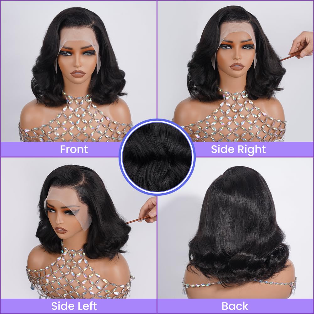 UTIDE Body Wave Bob Wig Human Hair HD Lace Front Wigs 180% Pre Plucked Density Glueless Wig Natural Black Color 12 Inch for Black Women